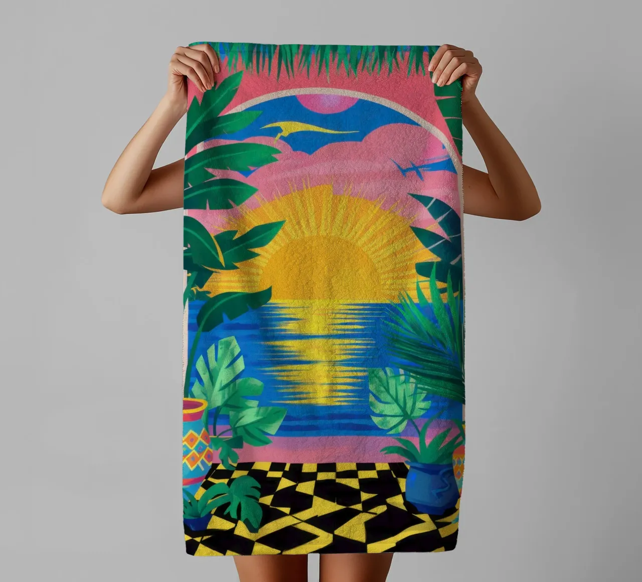 Palm zonsondergang paradijs badhanddoek van Pale Aura