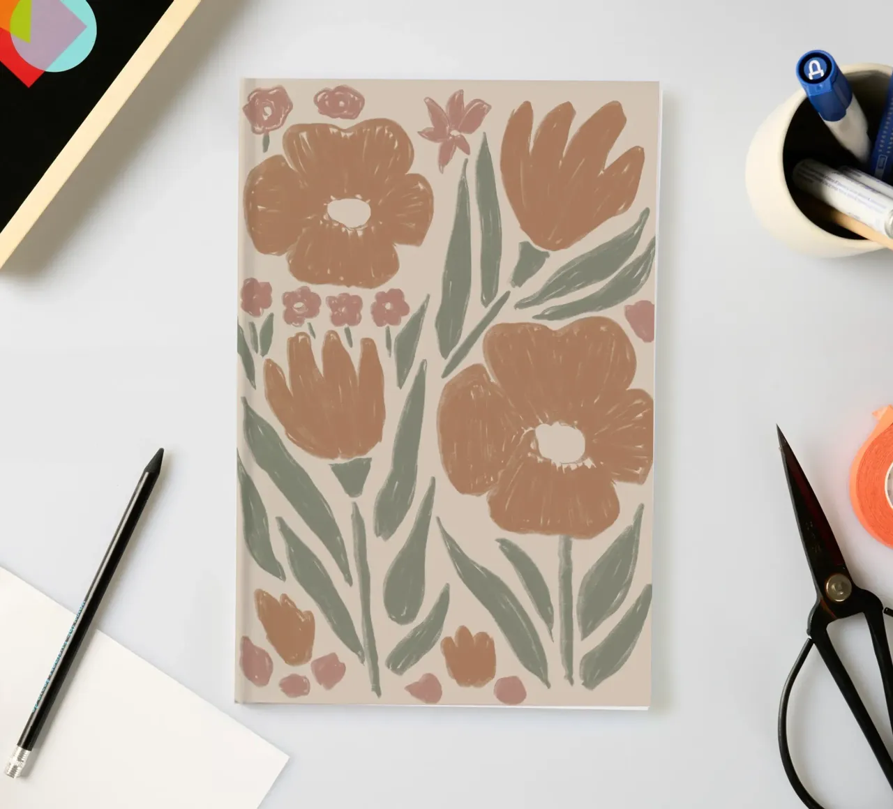 Abstract Floral Outlines on Beige notebook by Melloi Art Print