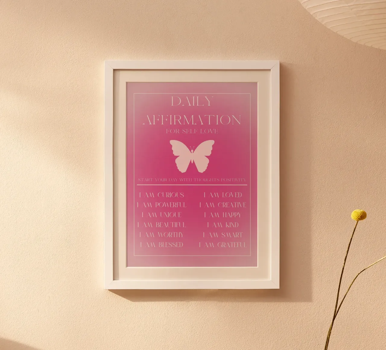 Affermazione quotidiana di amore per se stessi Farfalla rosa Poster Art poster con telaio in alluminio da homdeco