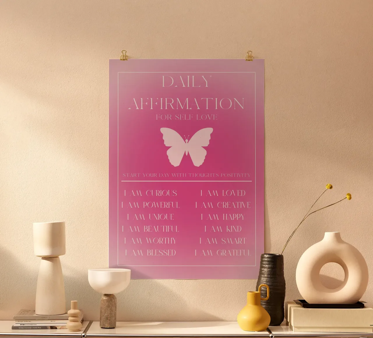 Affermazione quotidiana di amore per se stessi Farfalla rosa Poster Art poster con telaio in alluminio da homdeco