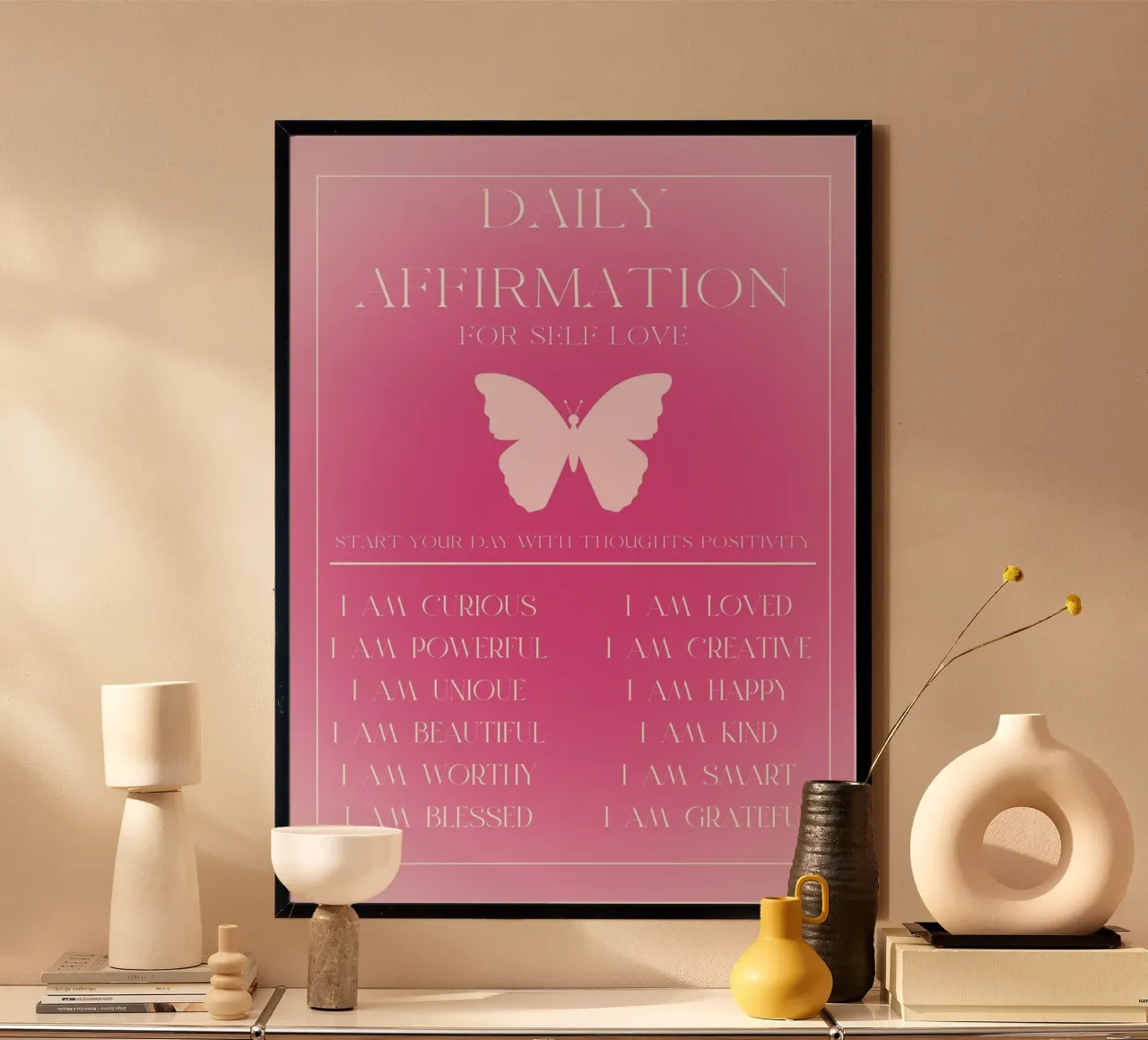 Affermazione quotidiana di amore per se stessi Farfalla rosa Poster Art poster con telaio in alluminio da homdeco