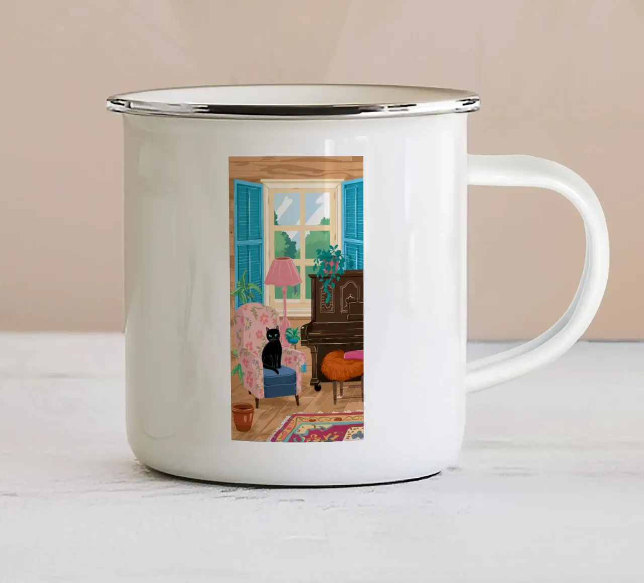 Angolo di lettura con fenicottero tazza in smalto da Pale Aura