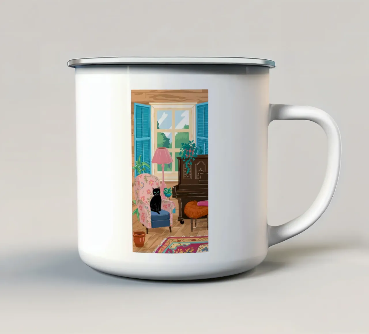 Angolo di lettura con fenicottero tazza in smalto da Pale Aura