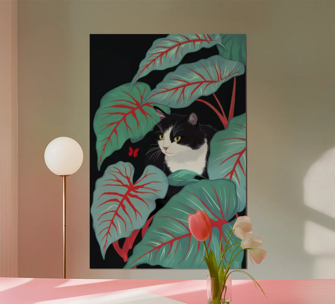 Gatto della giungla Peekaboo poster con telaio in legno da Pale Aura