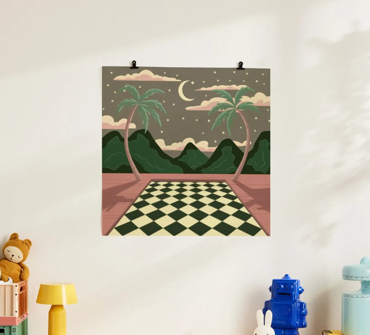 Pavimento a scacchi Midnight poster con telaio in alluminio da Pale Aura