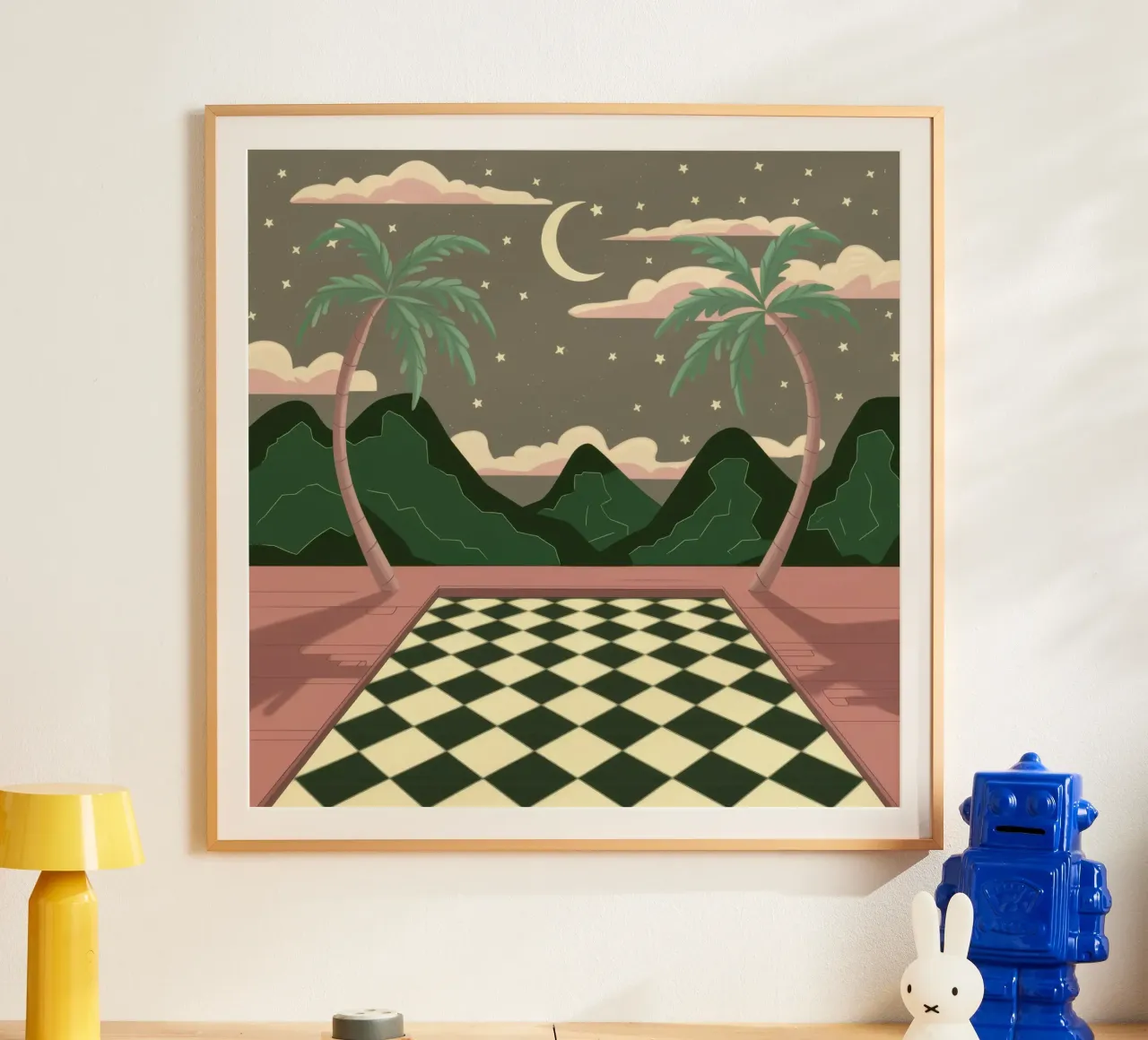 Pavimento a scacchi Midnight poster con telaio in alluminio da Pale Aura