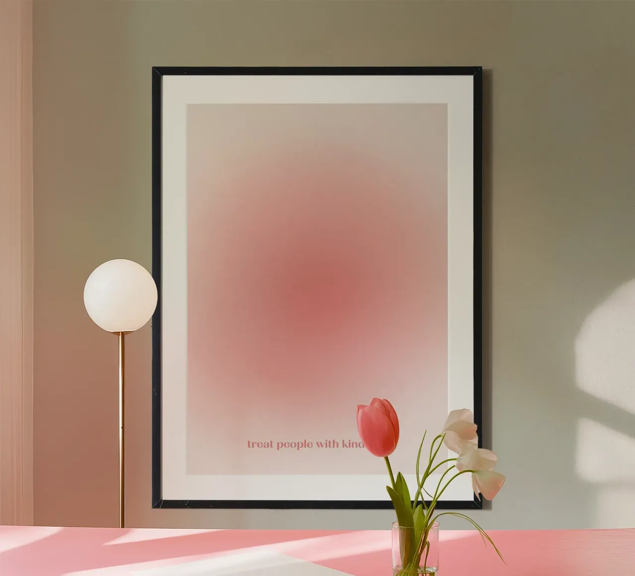 "Behandel mensen met vriendelijkheid" Rood Roze Aura Kleurverloop Kunst poster met houten frame van homdeco