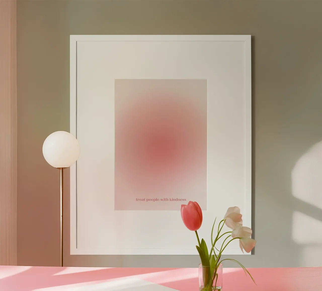 "Behandel mensen met vriendelijkheid" Rood Roze Aura Kleurverloop Kunst poster met houten frame van homdeco