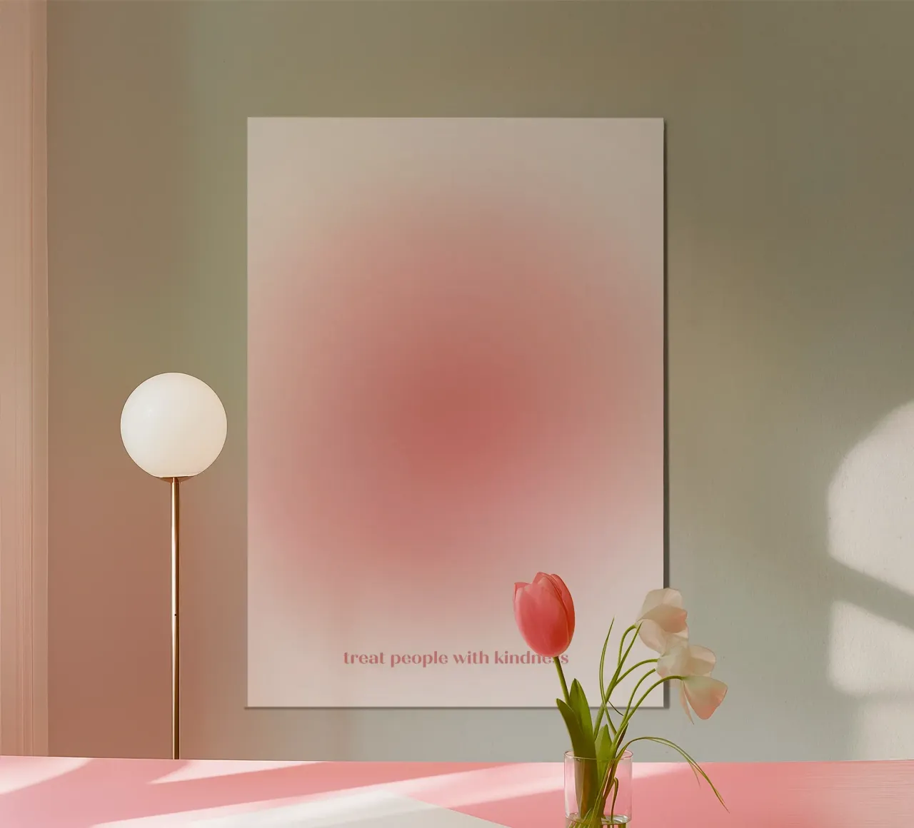 "Behandel mensen met vriendelijkheid" Rood Roze Aura Kleurverloop Kunst poster met houten frame van homdeco