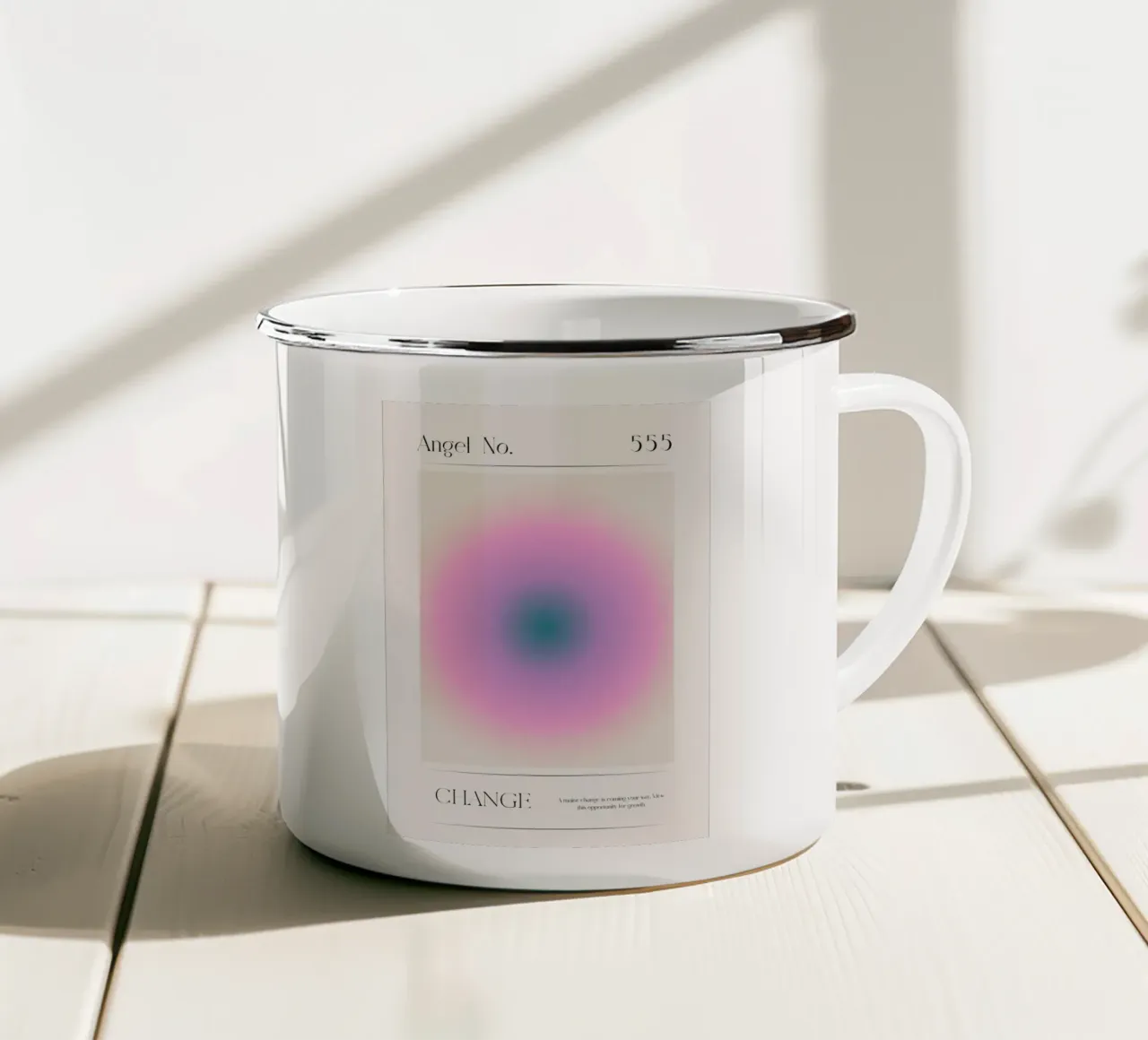 Angelo Numero 555 Cambiamento Aura Rosa Viola Teal Arte tazza in smalto da homdeco