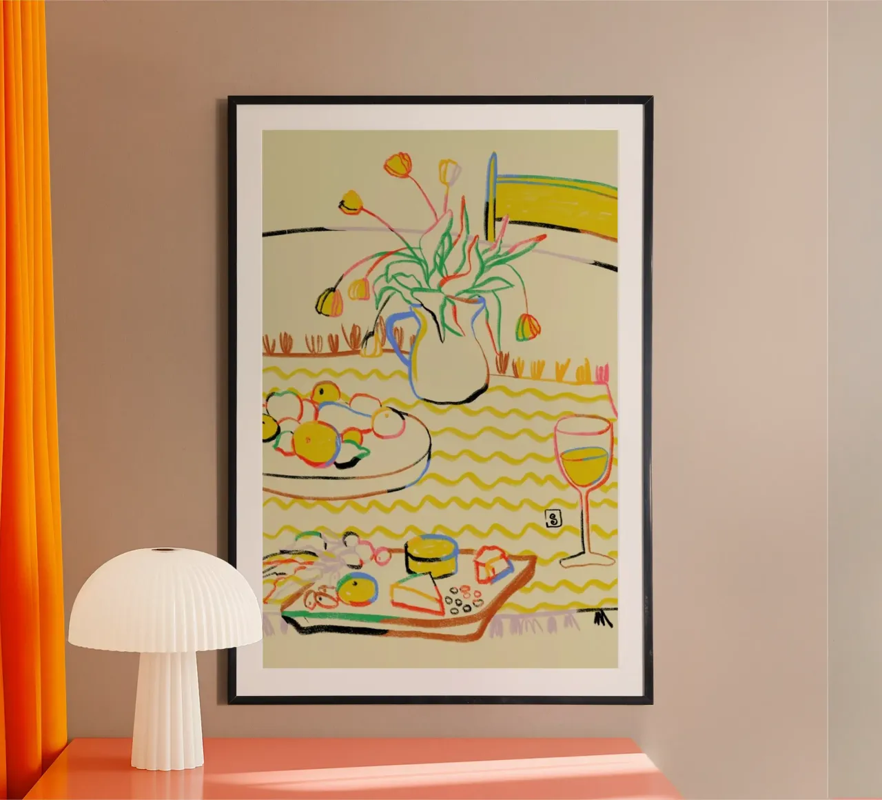 Yellow Tulips, Wine And Cheese poster con telaio in plastica da Sandra Poliakov