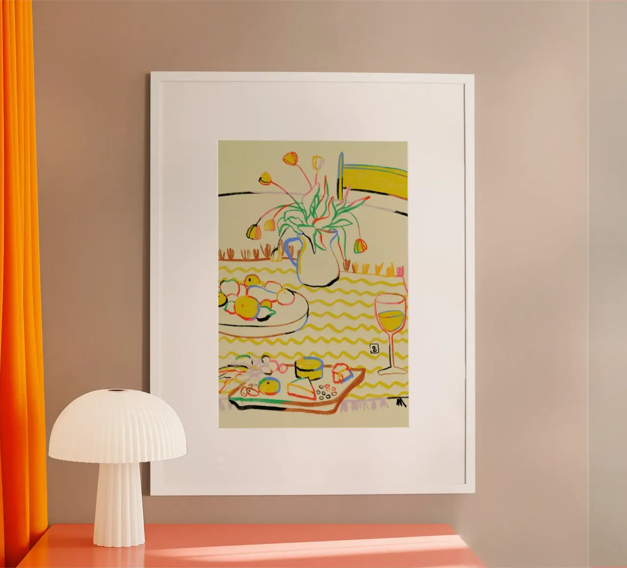 Yellow Tulips, Wine And Cheese poster con telaio in plastica da Sandra Poliakov