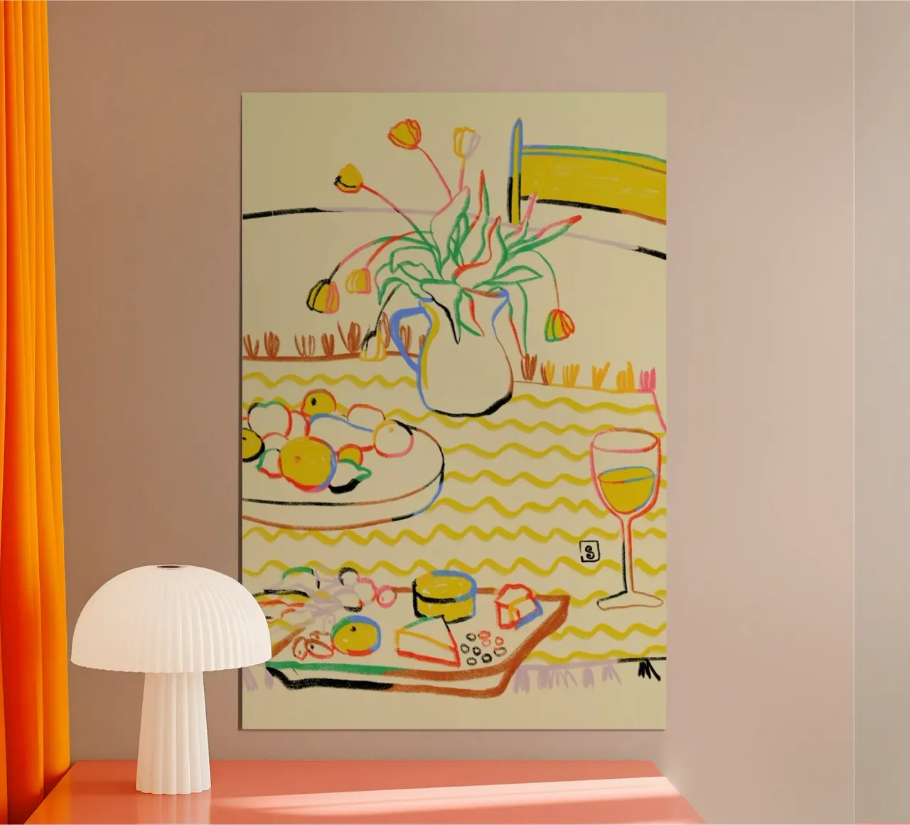 Yellow Tulips, Wine And Cheese poster con telaio in plastica da Sandra Poliakov