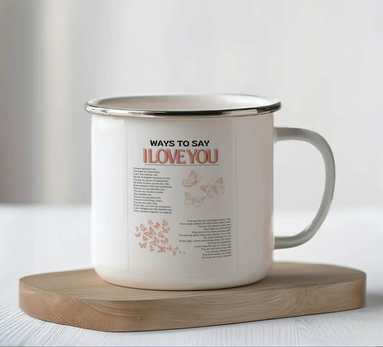 "Stampa romantica a forma di farfalla "Modi per dire ti amo tazza in smalto da homdeco