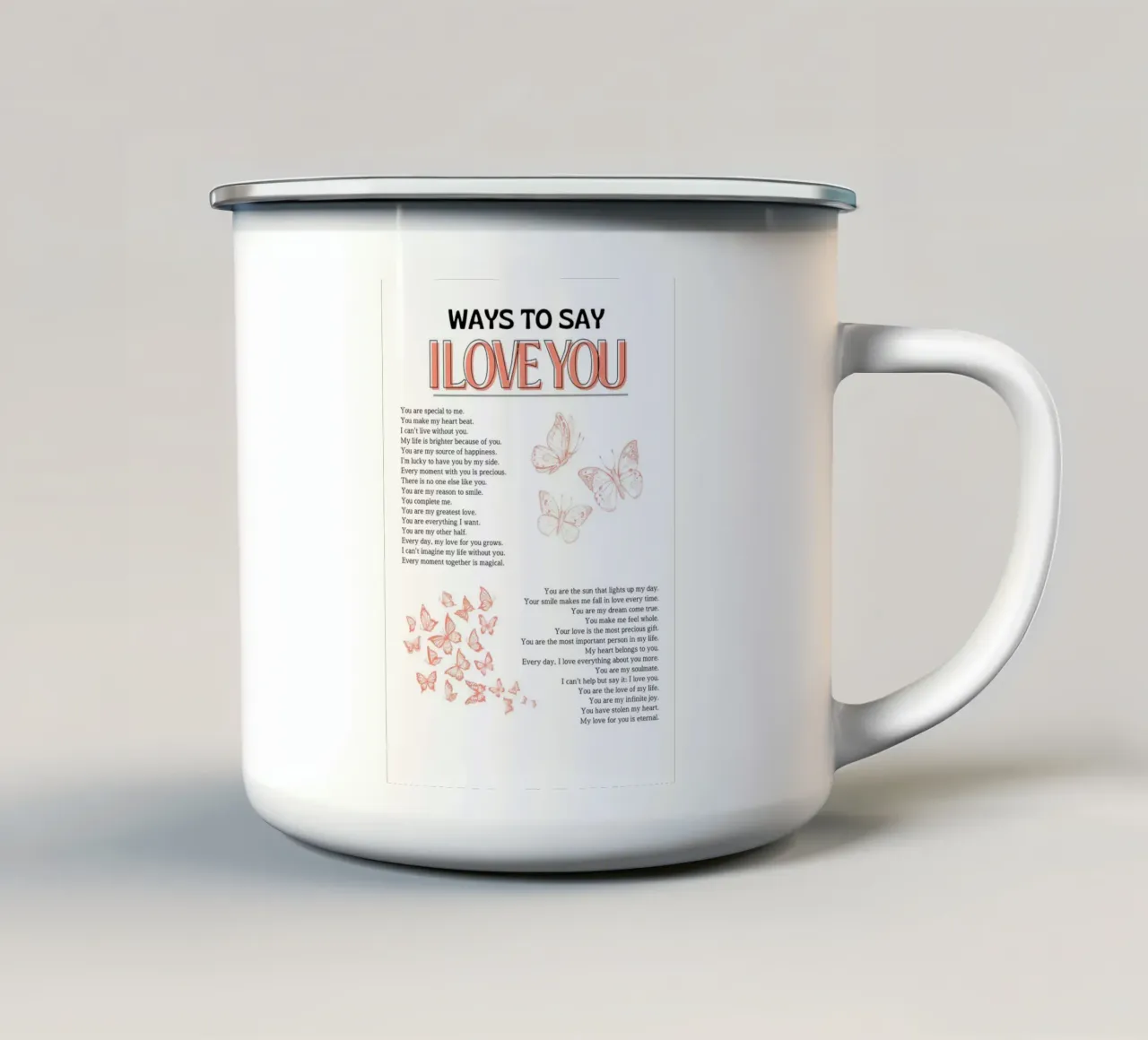 "Stampa romantica a forma di farfalla "Modi per dire ti amo tazza in smalto da homdeco