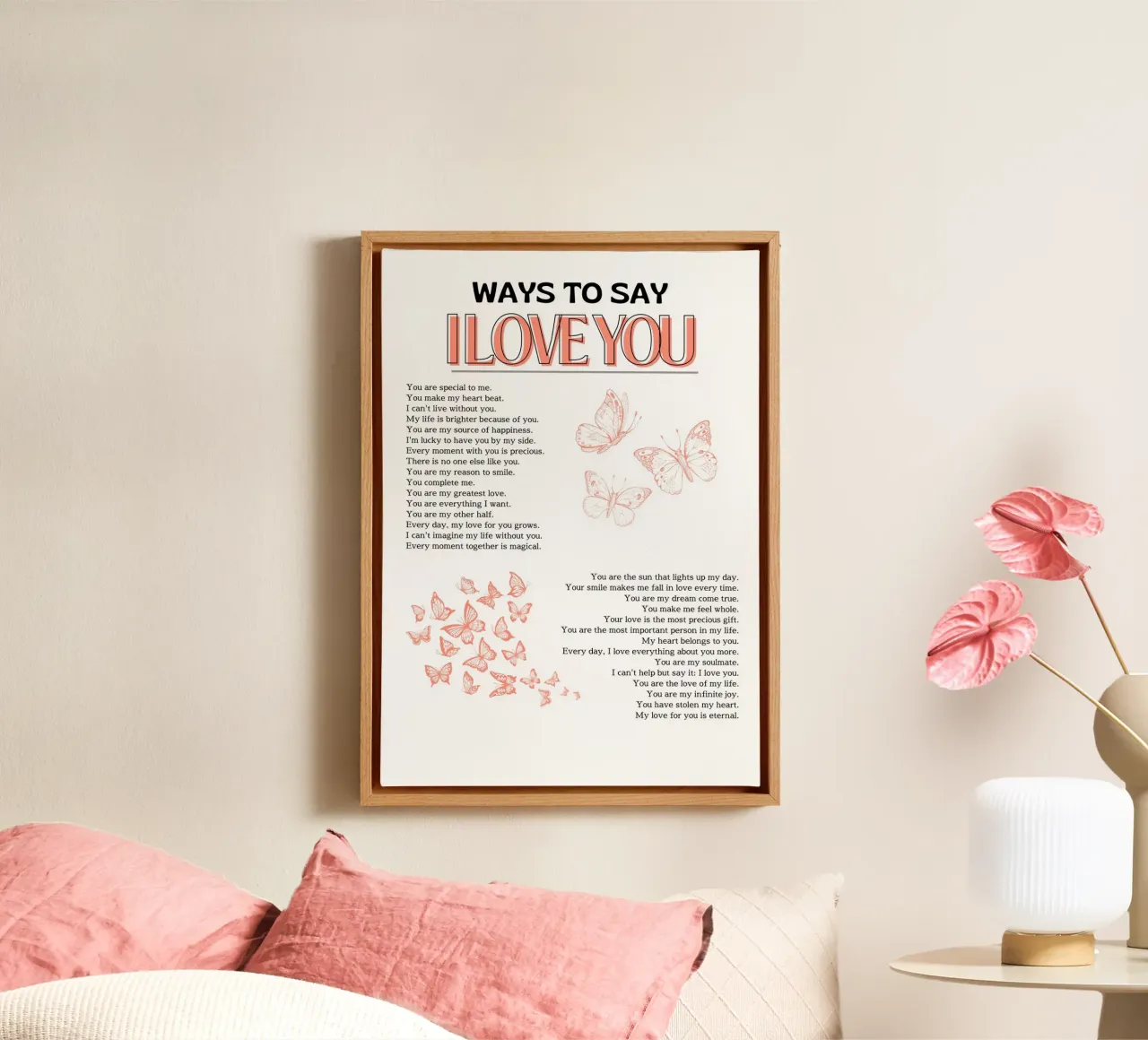 "Stampa romantica a forma di farfalla "Modi per dire ti amo tela con Cornice a cassetta da homdeco