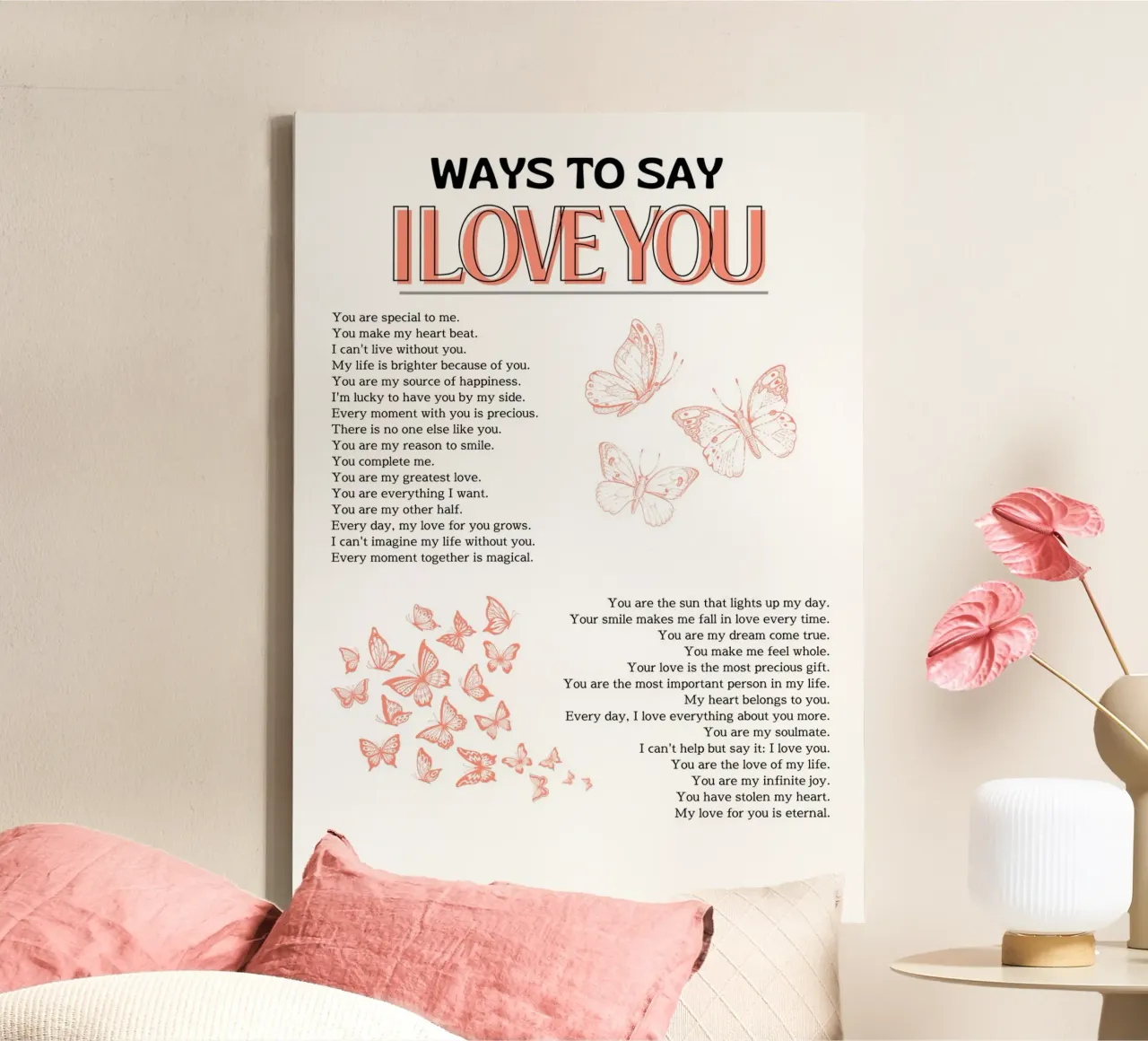 "Stampa romantica a forma di farfalla "Modi per dire ti amo tela con Cornice a cassetta da homdeco