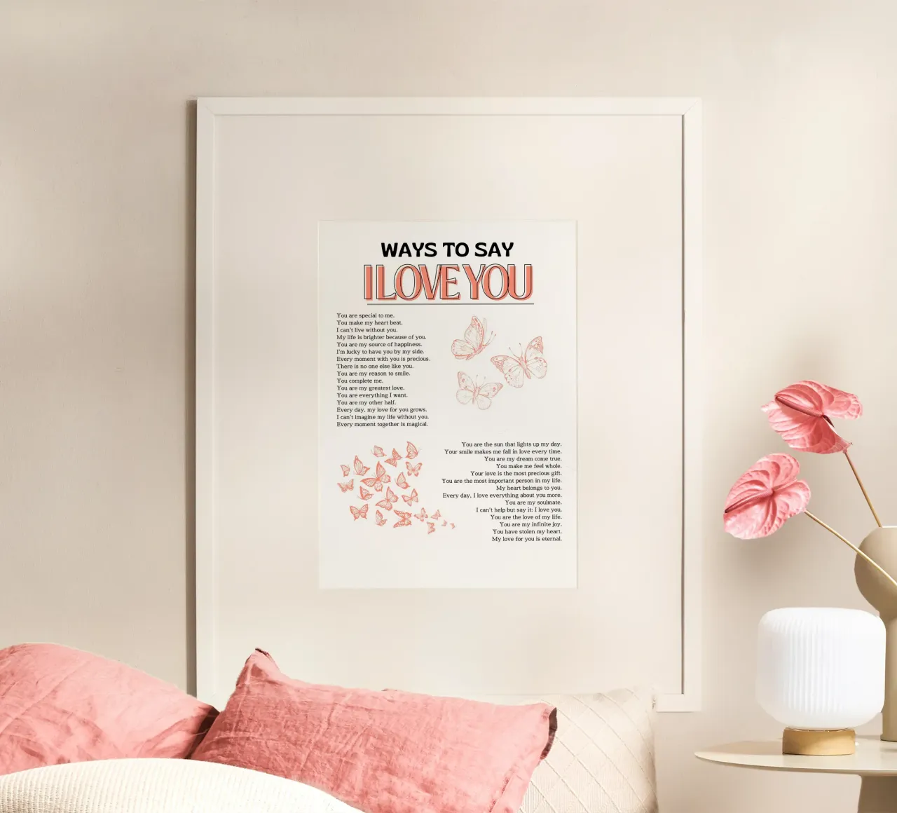 "Stampa romantica a forma di farfalla "Modi per dire ti amo poster con telaio in legno da homdeco