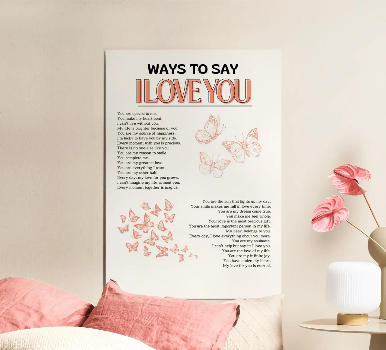 "Stampa romantica a forma di farfalla "Modi per dire ti amo poster con telaio in legno da homdeco