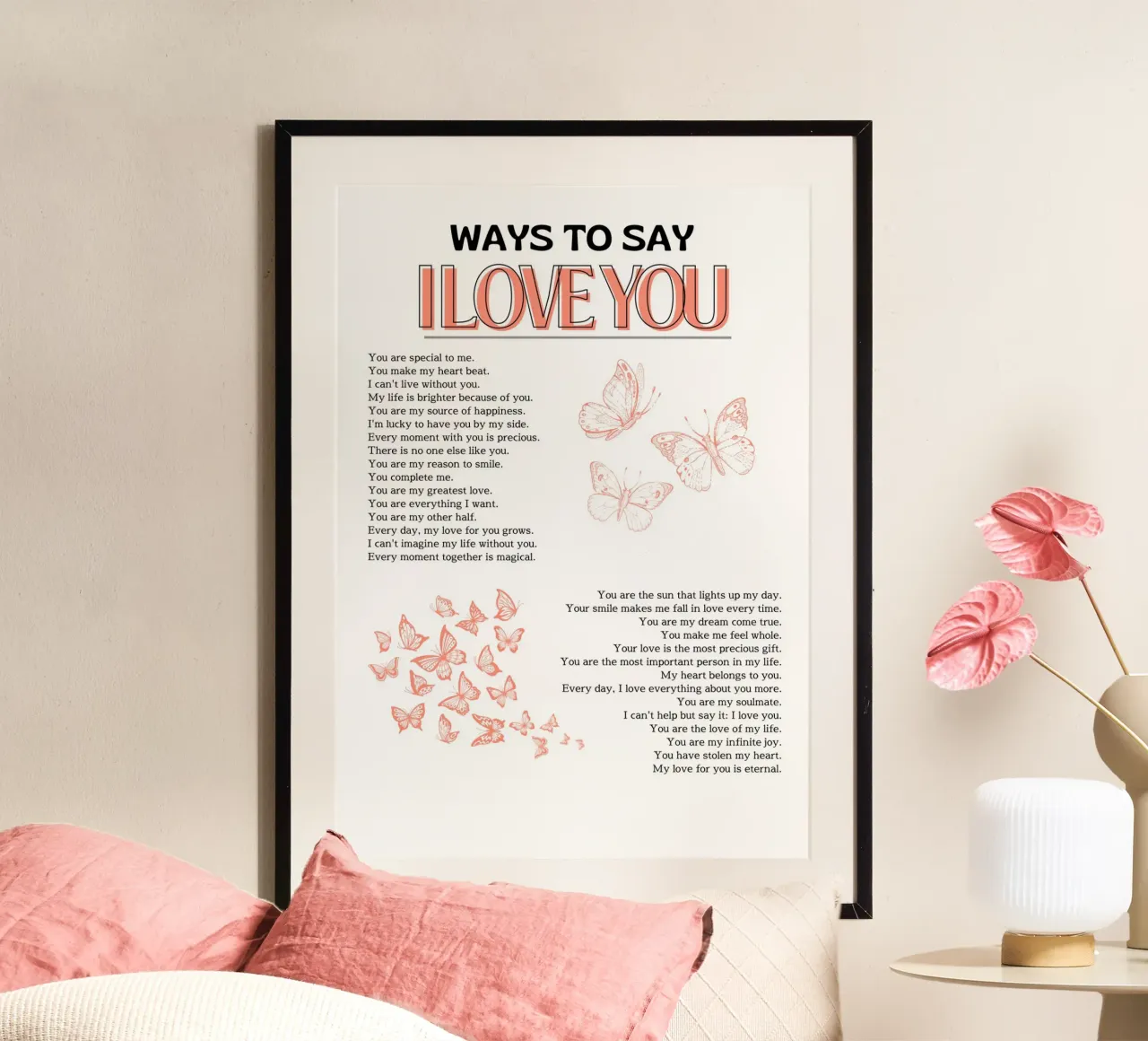 "Stampa romantica a forma di farfalla "Modi per dire ti amo poster con telaio in legno da homdeco