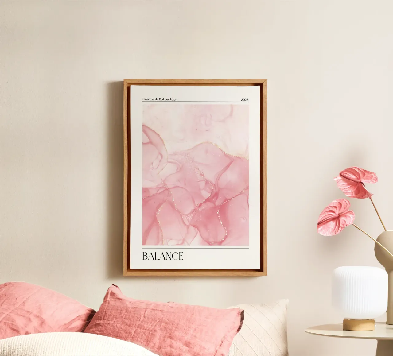 "Balance" Roze Marmer Goud Abstracte Kunstdruk 2023 canvas met Baklijst van homdeco