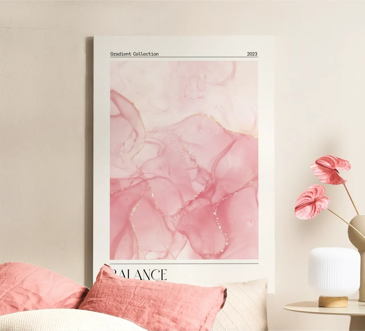 "Balance" Roze Marmer Goud Abstracte Kunstdruk 2023 canvas met Baklijst van homdeco