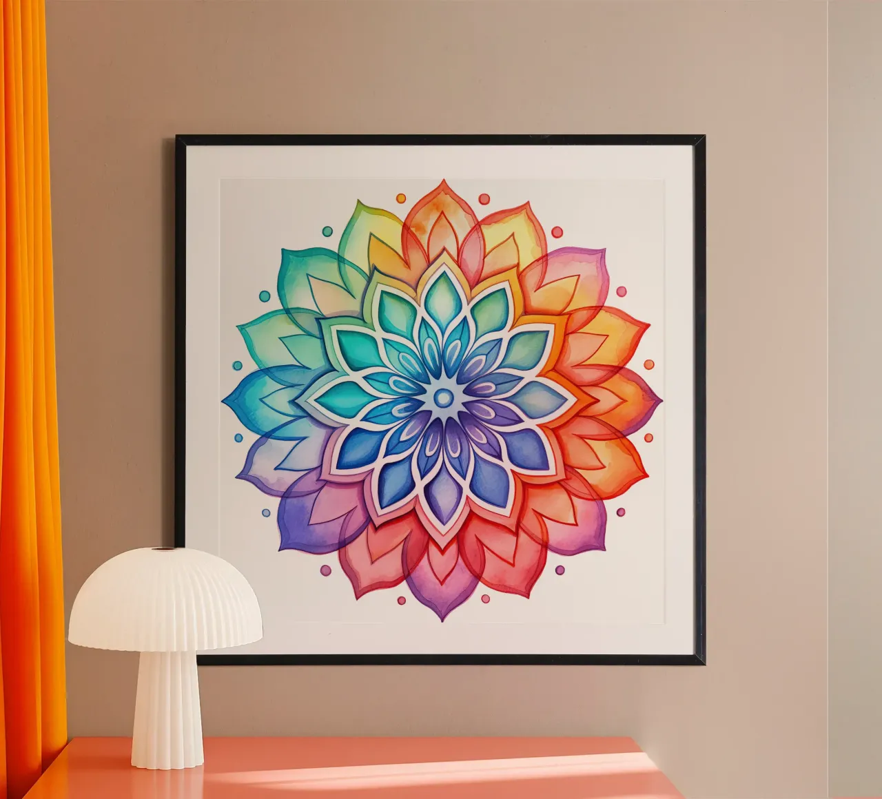 Mandala arcobaleno acquerellato poster con telaio in legno da Spiritual Touch