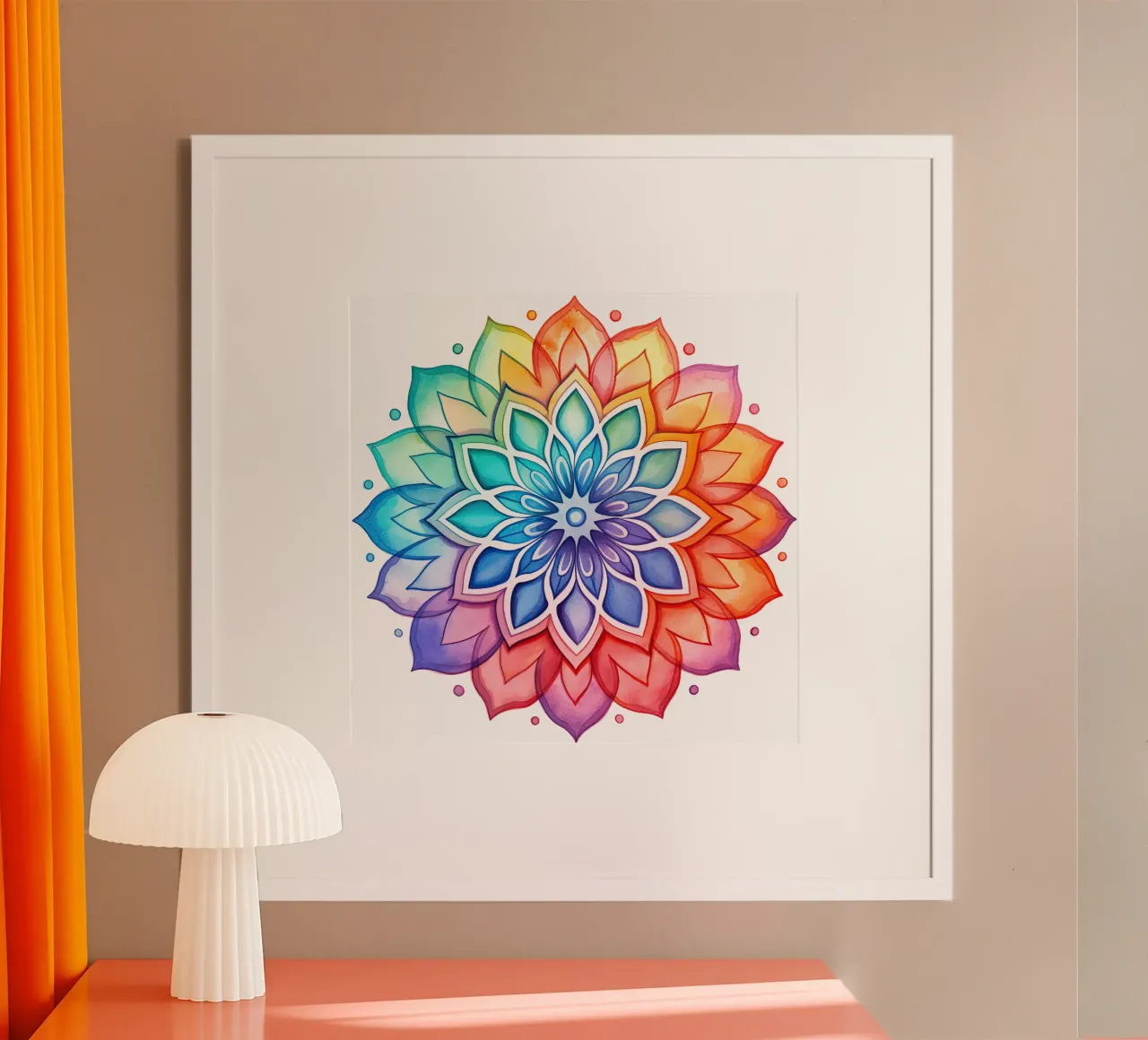 Mandala arcobaleno acquerellato poster con telaio in legno da Spiritual Touch