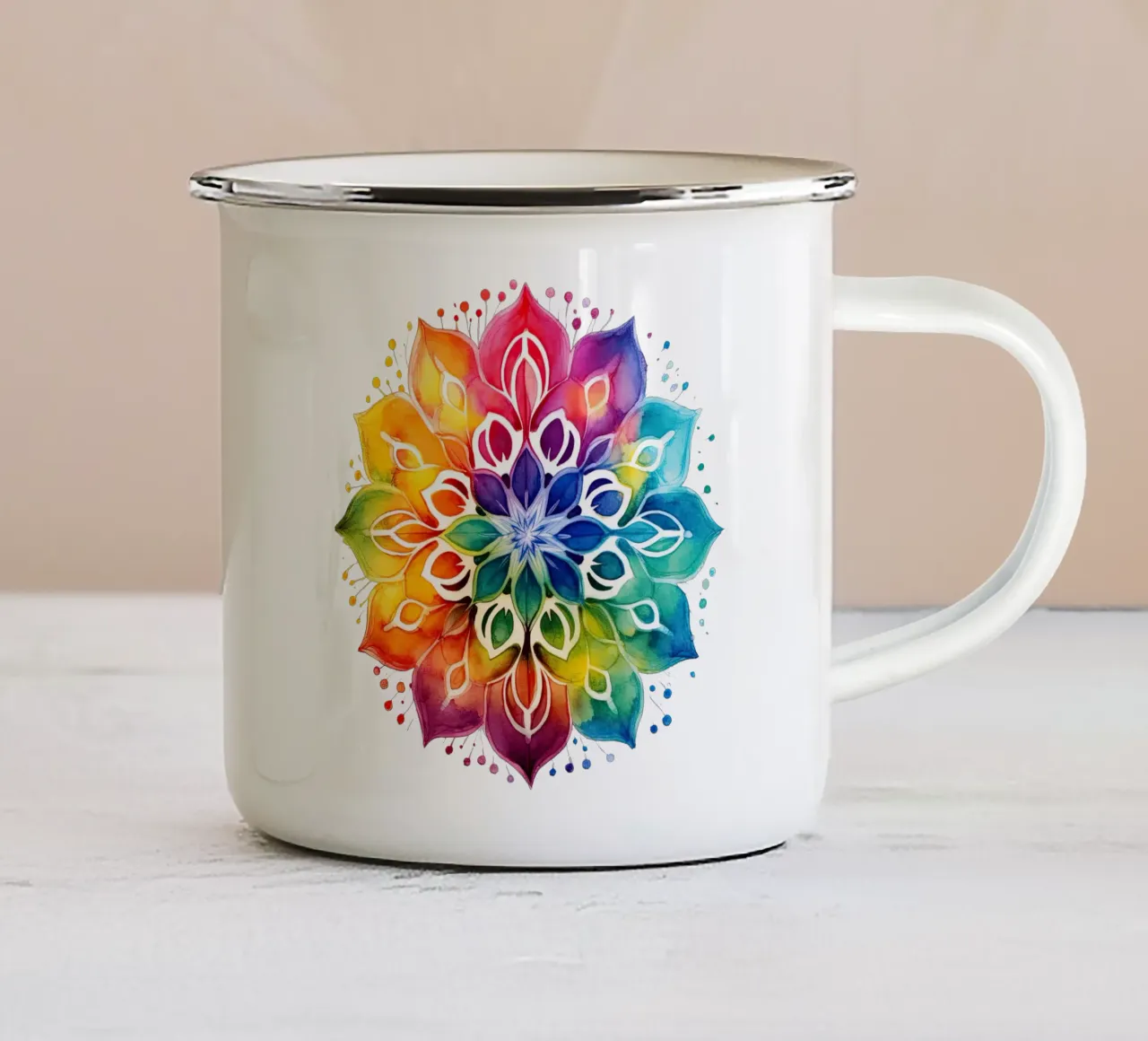 Mandala arcobaleno acquerellato tazza in smalto da Spiritual Touch