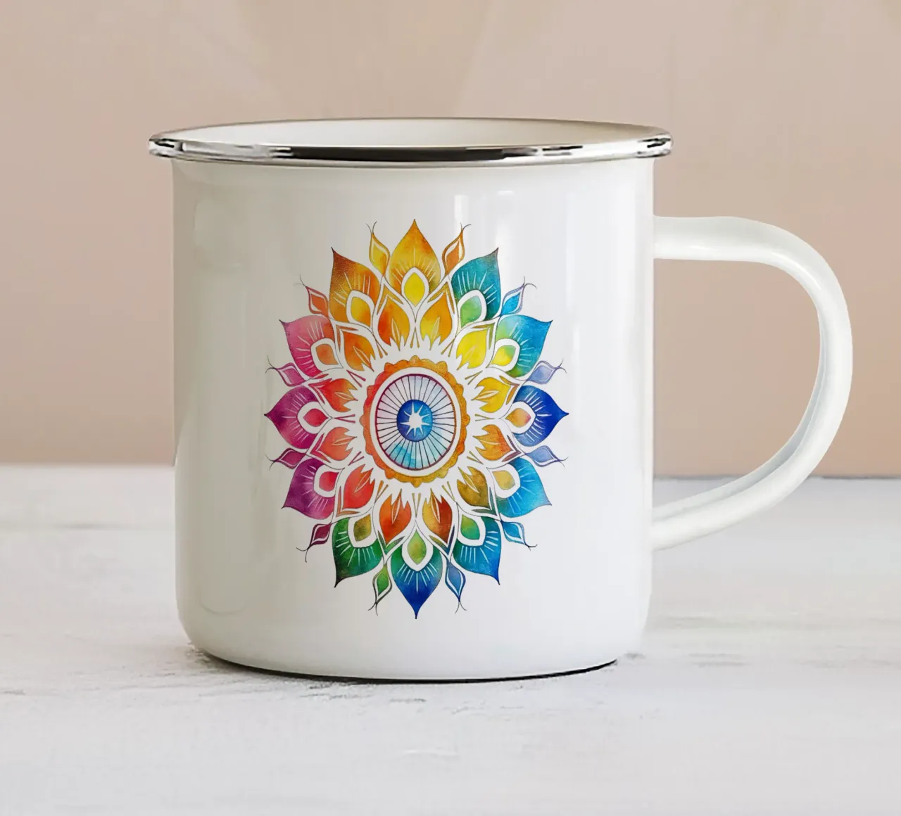 Mandala arcobaleno acquerellato tazza in smalto da Spiritual Touch