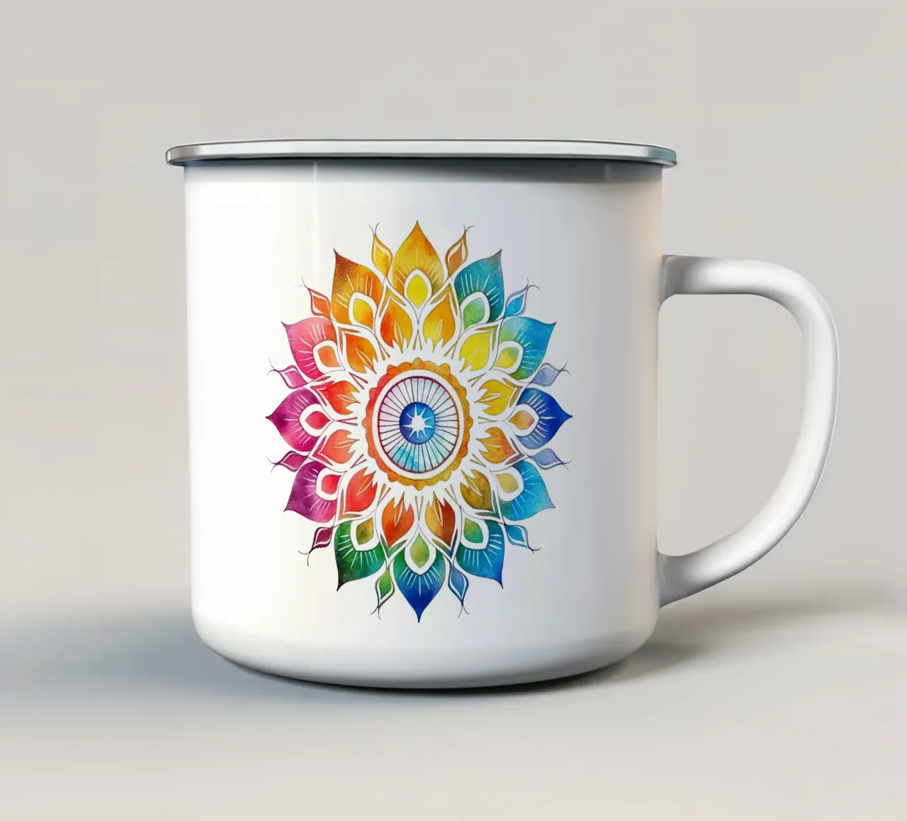 Mandala arcobaleno acquerellato tazza in smalto da Spiritual Touch
