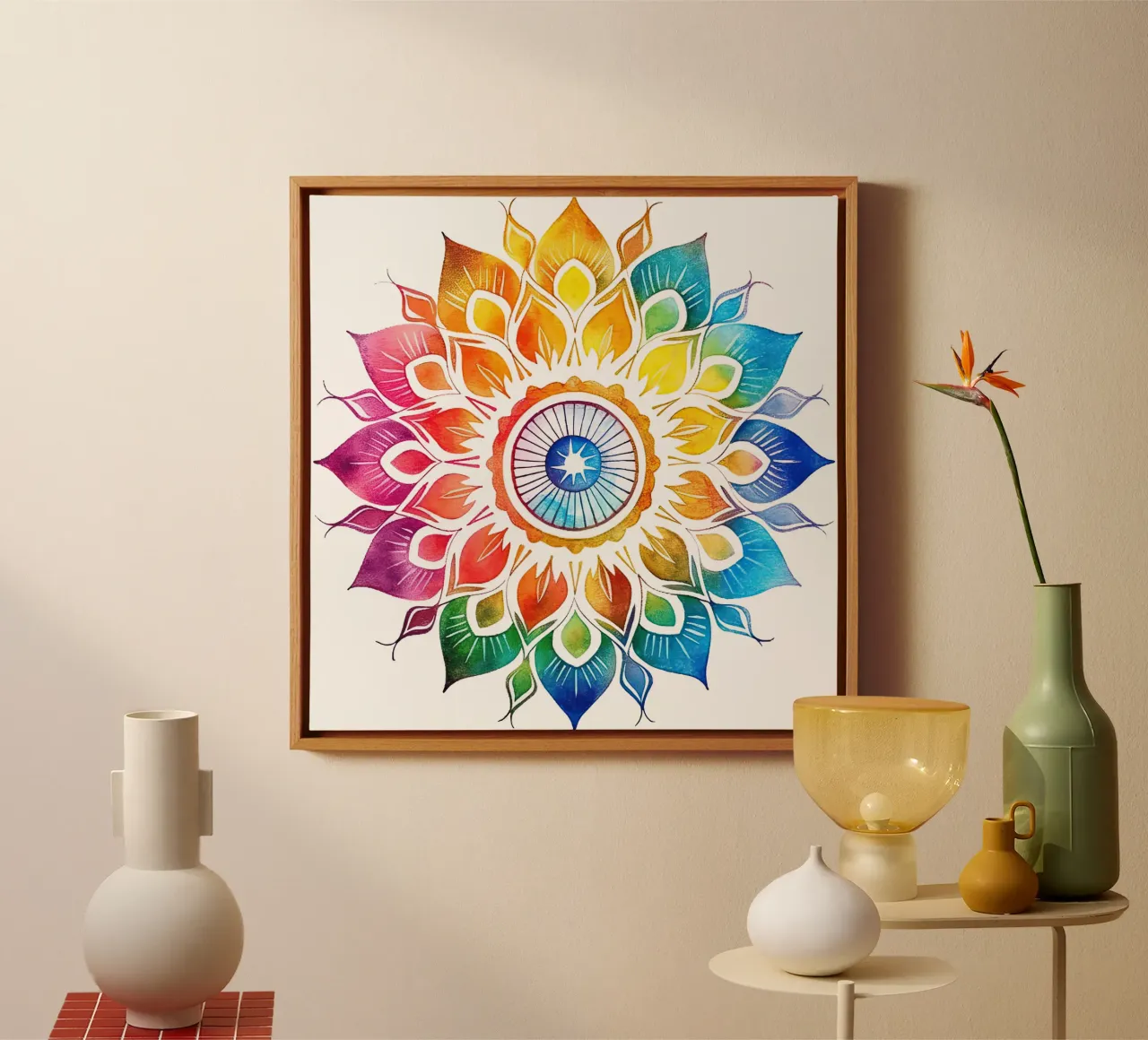 Aquarel Regenboog Mandala canvas met Baklijst van Spiritual Touch