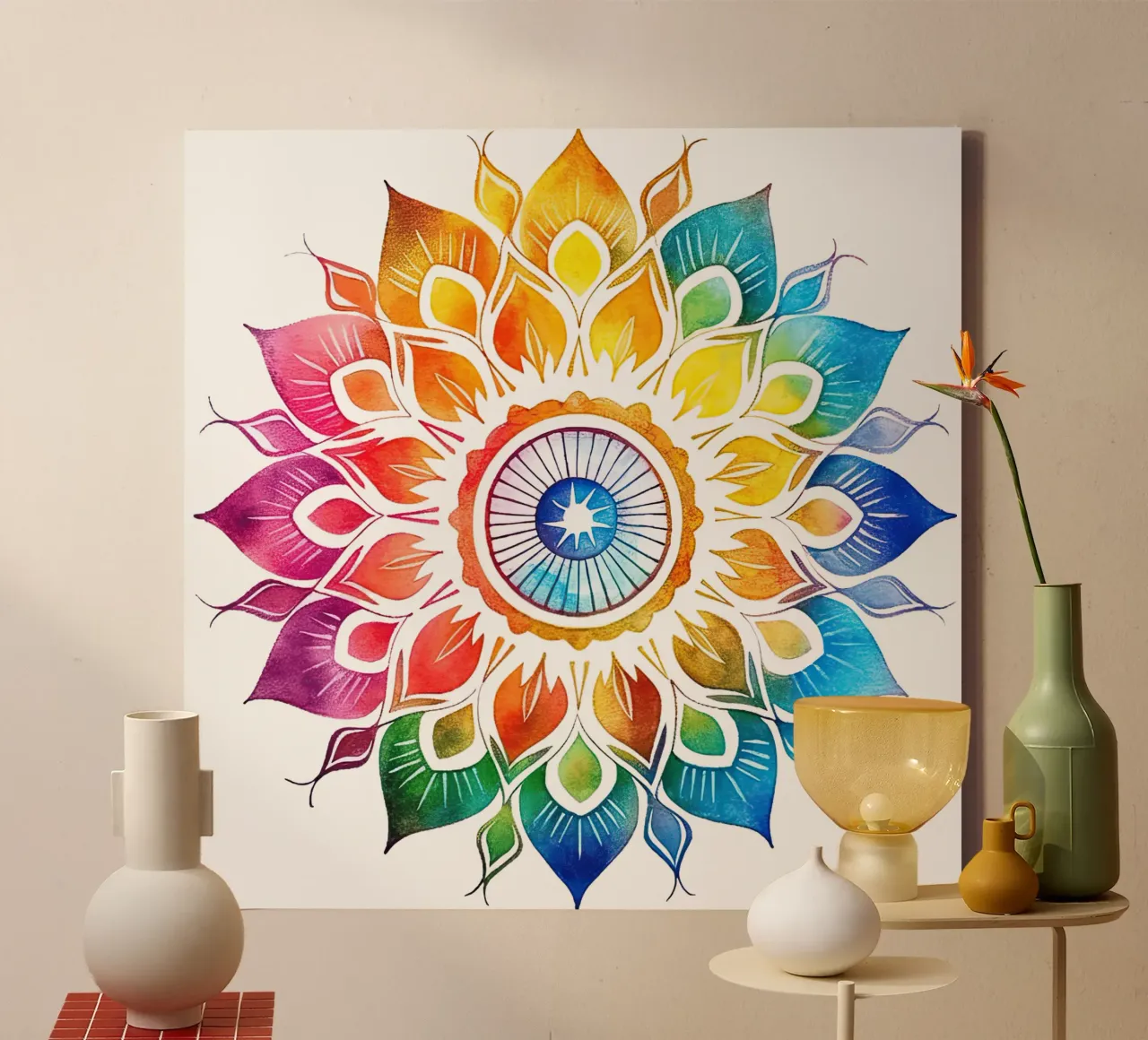 Aquarel Regenboog Mandala canvas met Baklijst van Spiritual Touch