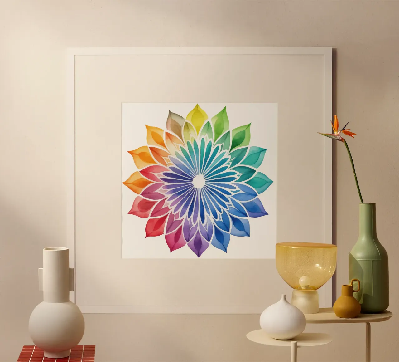 Mandala arcobaleno acquerellato poster con telaio in legno da Spiritual Touch