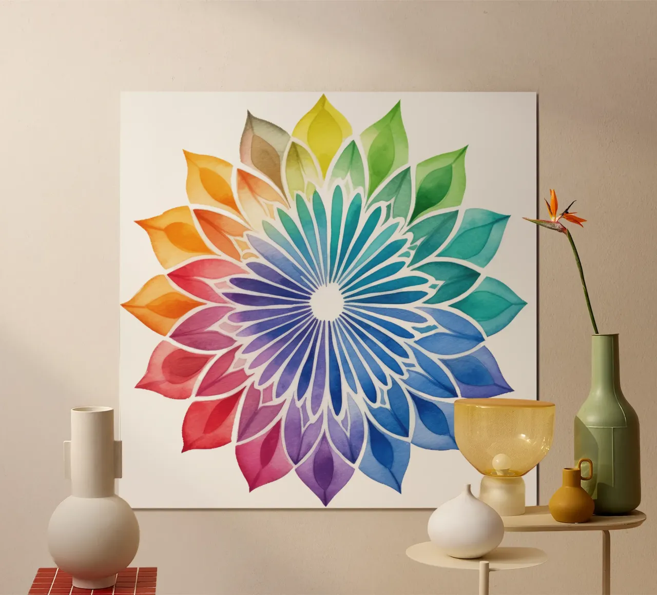 Mandala arcobaleno acquerellato poster con telaio in legno da Spiritual Touch