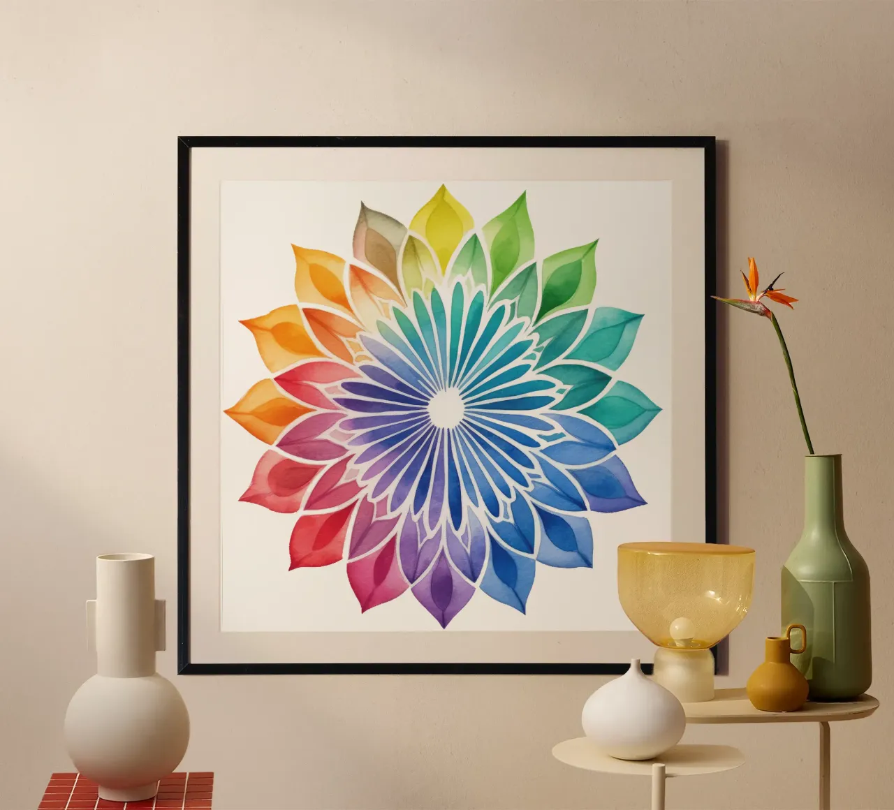 Mandala arcobaleno acquerellato poster con telaio in legno da Spiritual Touch