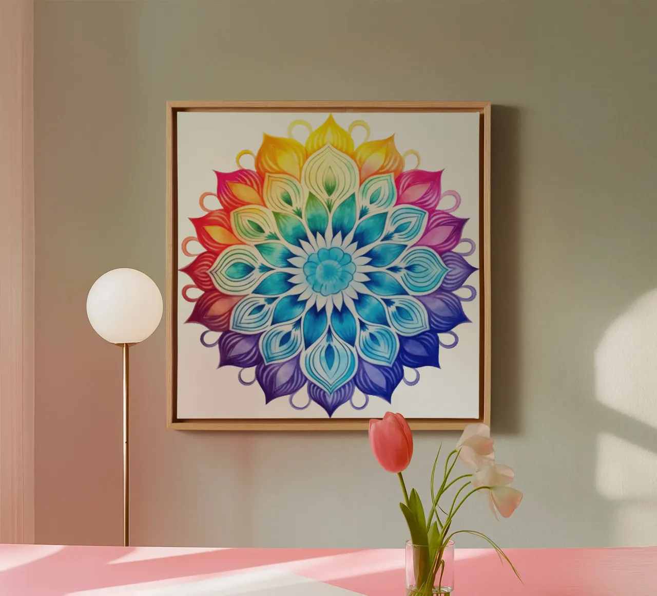 Aquarel Regenboog Mandala canvas met Baklijst van Spiritual Touch
