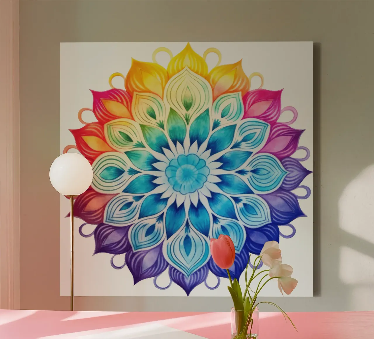 Aquarel Regenboog Mandala canvas met Baklijst van Spiritual Touch