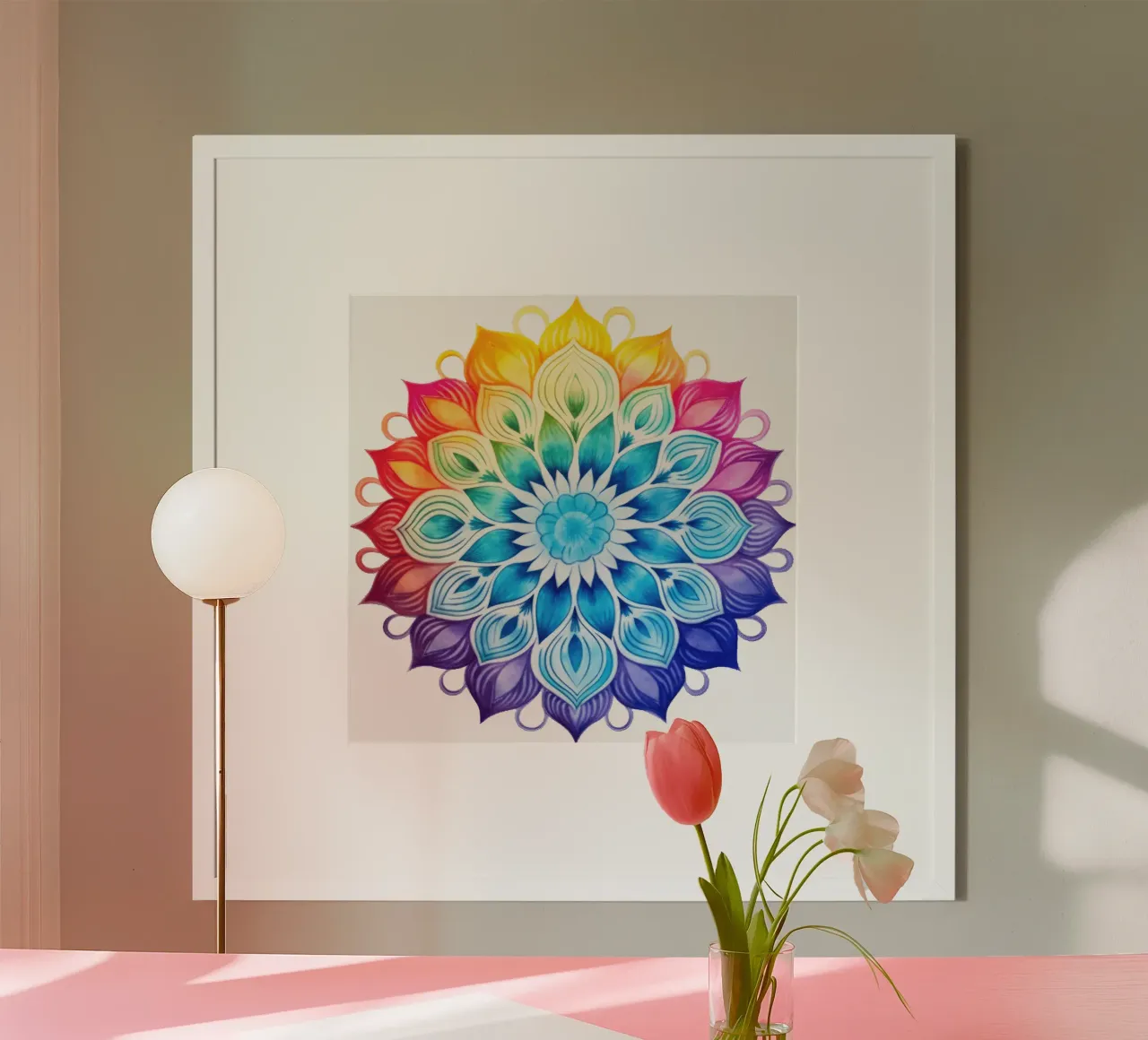 Mandala arcobaleno acquerellato poster con telaio in alluminio da Spiritual Touch