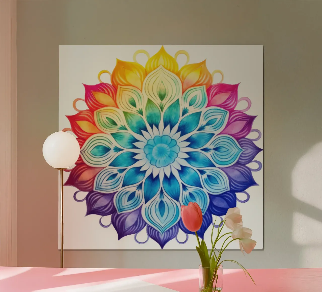 Mandala arcobaleno acquerellato poster con telaio in alluminio da Spiritual Touch