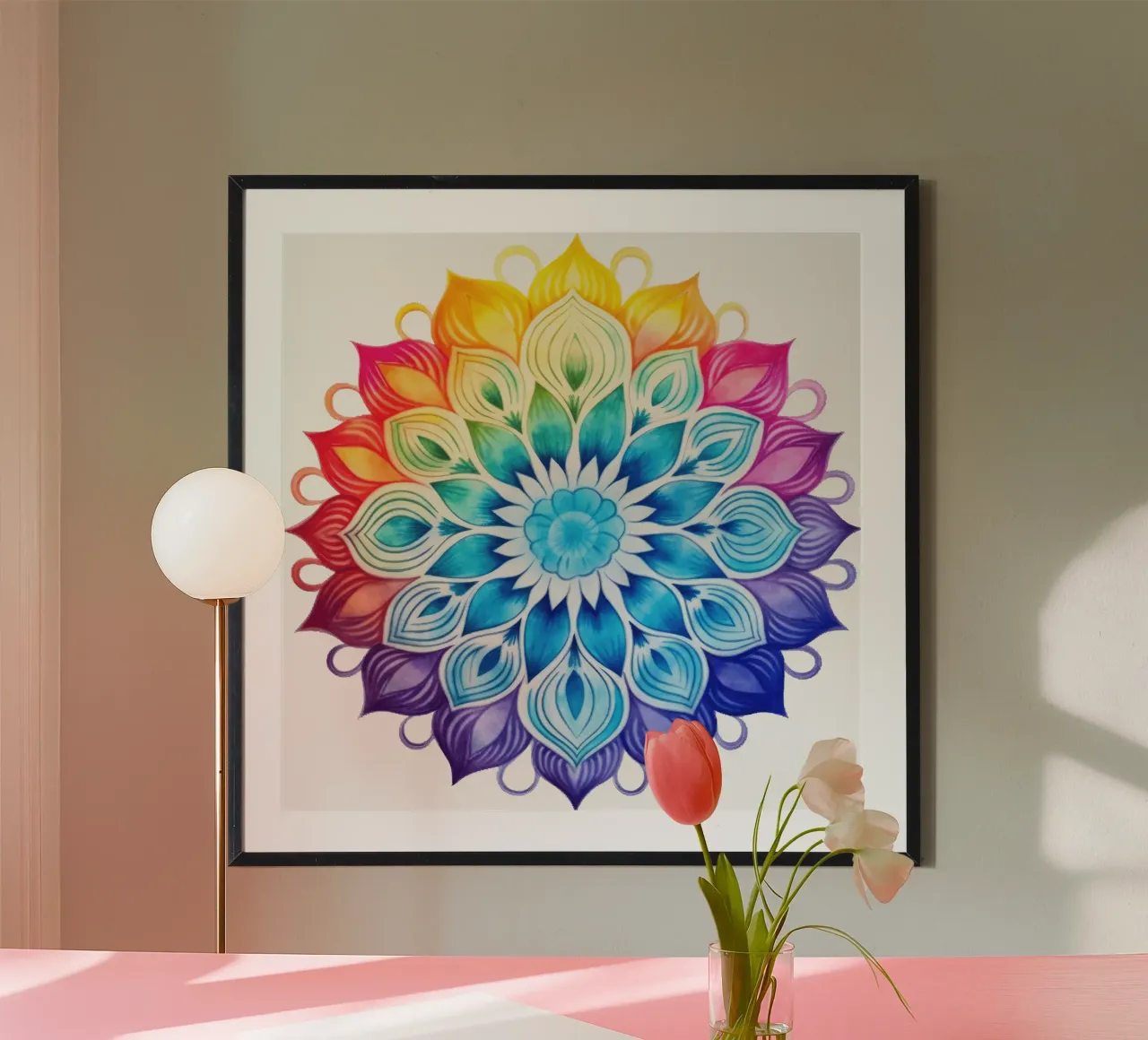 Mandala arcobaleno acquerellato poster con telaio in alluminio da Spiritual Touch