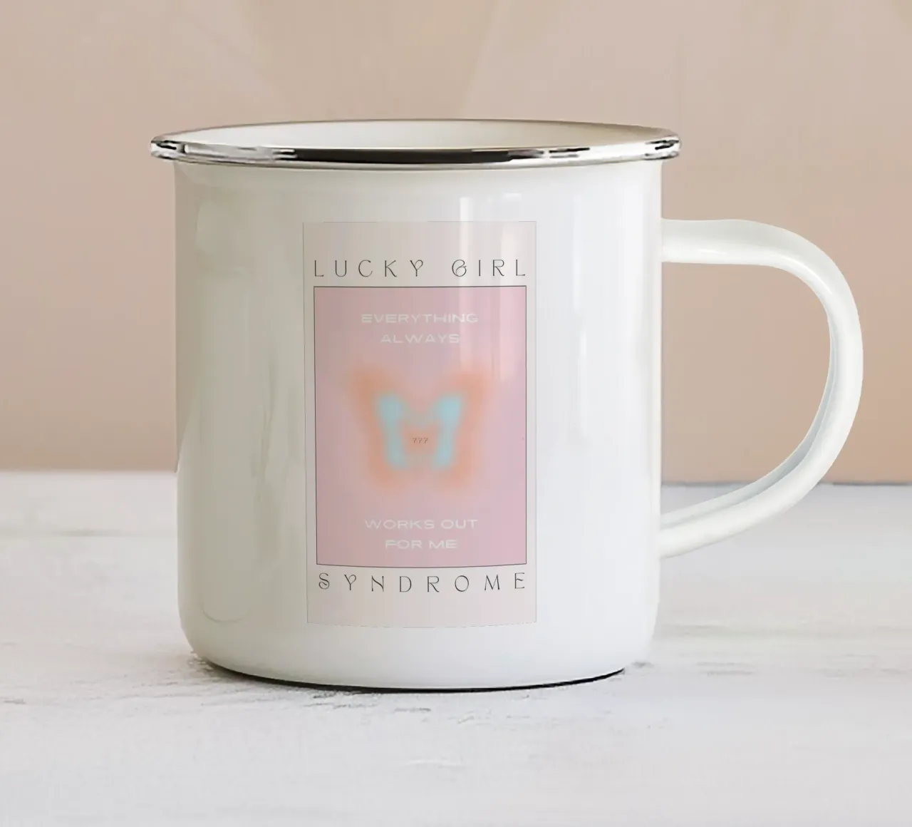 Poster motivazionale sulla sindrome della ragazza fortunata e sull'aura della farfalla tazza in smalto da homdeco