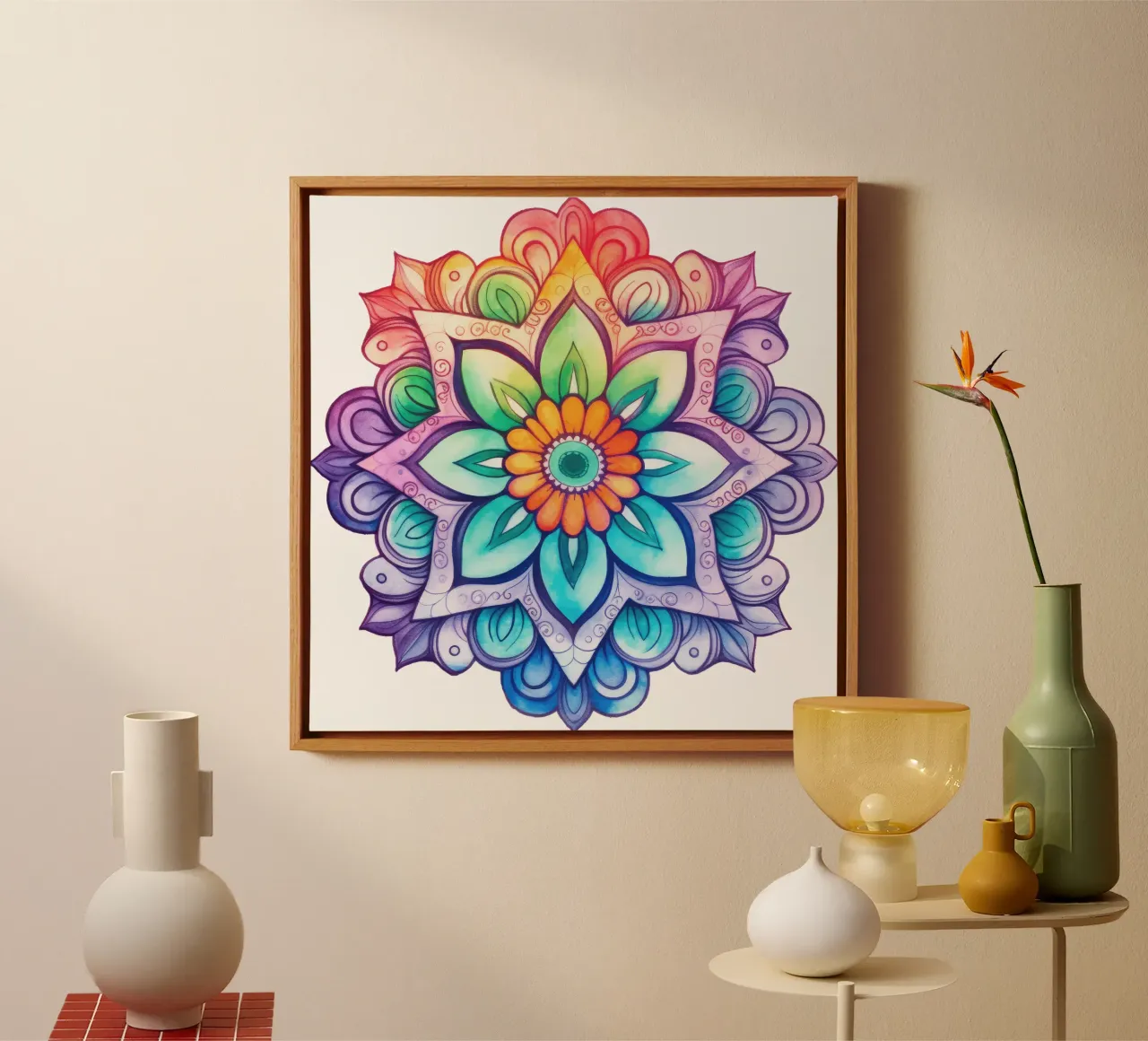Mandala arcobaleno acquerellato tela con Cornice a cassetta da Spiritual Touch