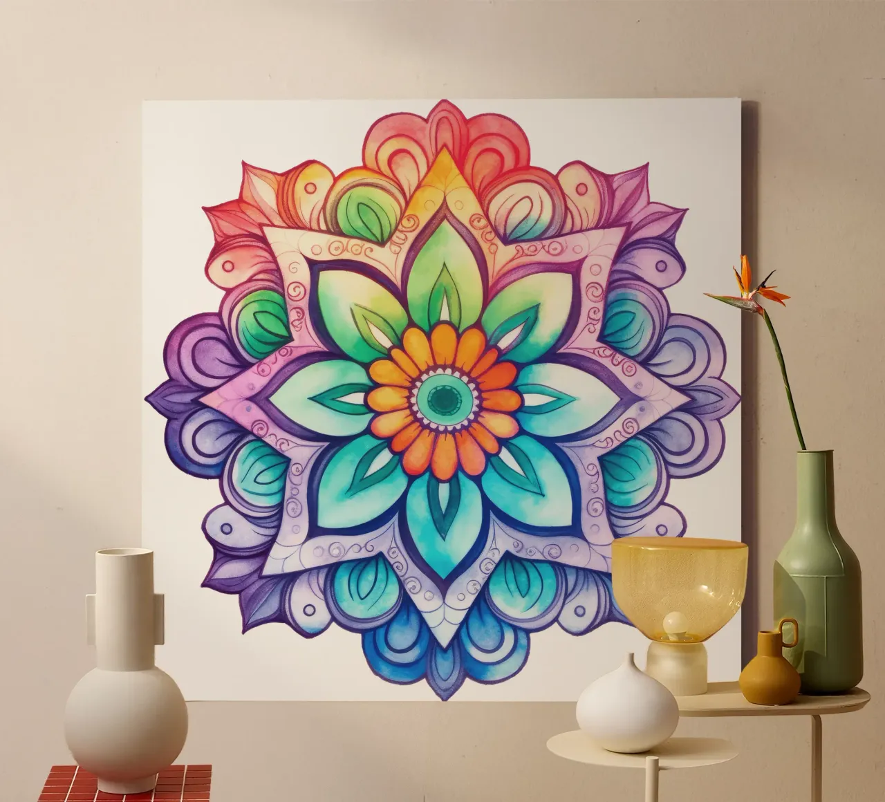 Mandala arcobaleno acquerellato tela con Cornice a cassetta da Spiritual Touch