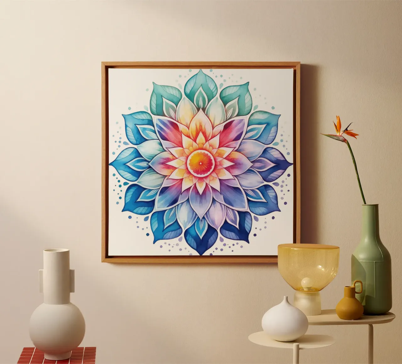 Aquarel Regenboog Mandala canvas met Baklijst van Spiritual Touch