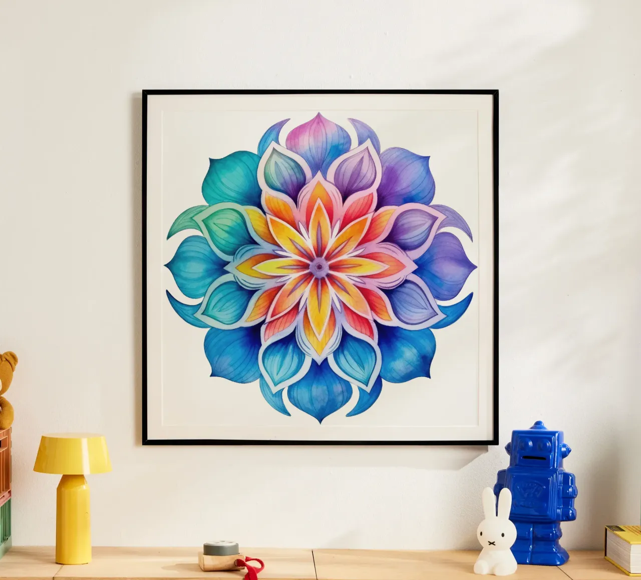 Mandala arcobaleno acquerellato poster con telaio in alluminio da Spiritual Touch