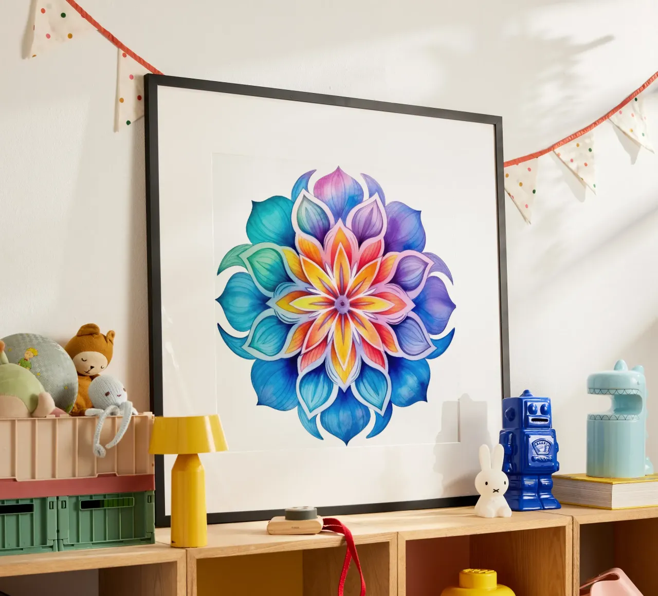 Mandala arcobaleno acquerellato poster con telaio in alluminio da Spiritual Touch