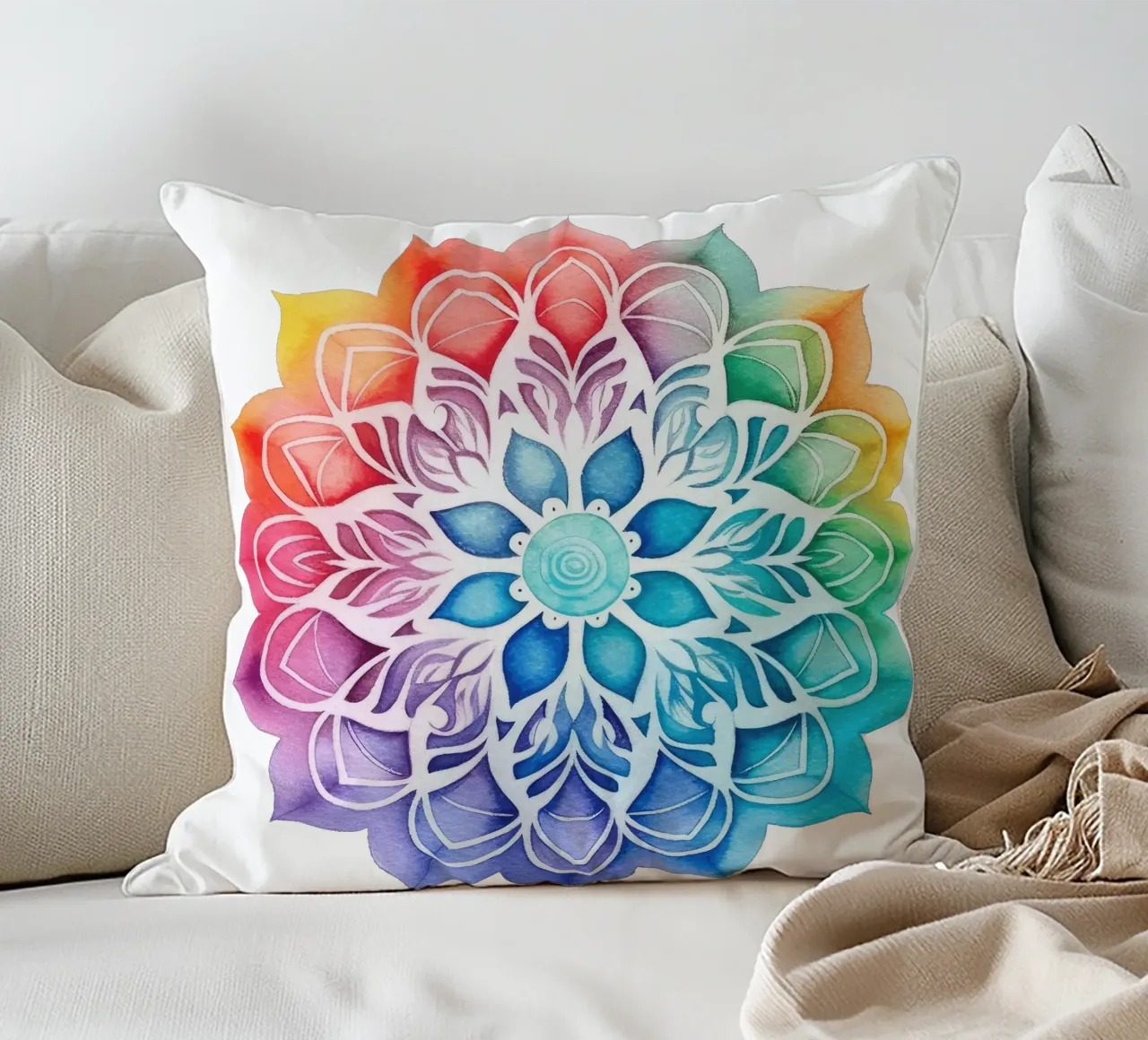 Mandala arcobaleno acquerellato cuscino da Spiritual Touch