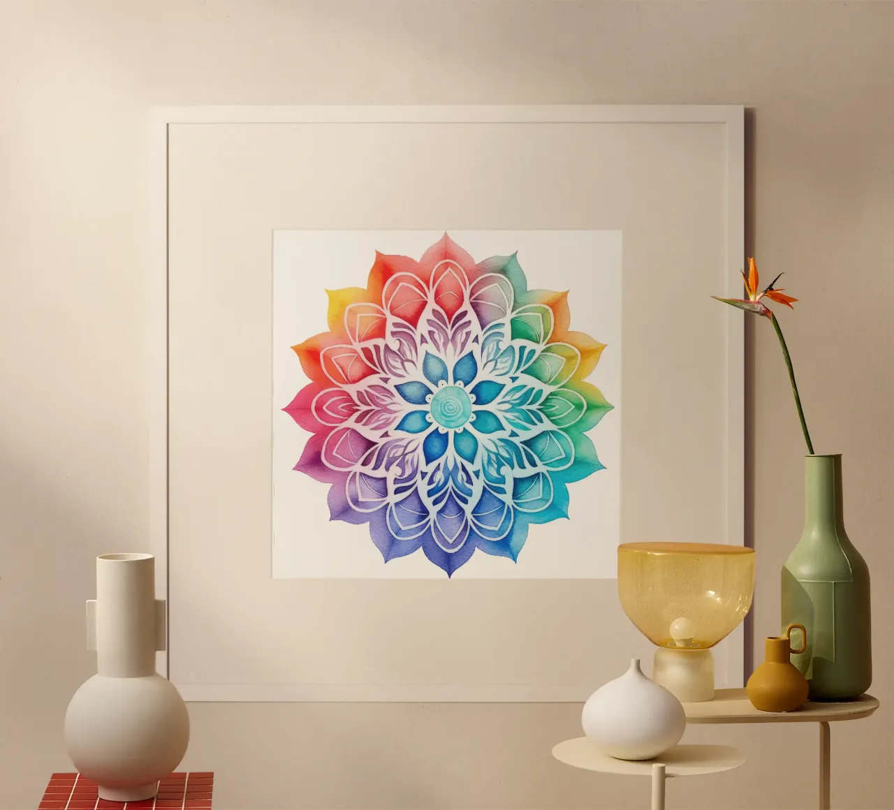 Mandala arcobaleno acquerellato poster con telaio in plastica da Spiritual Touch