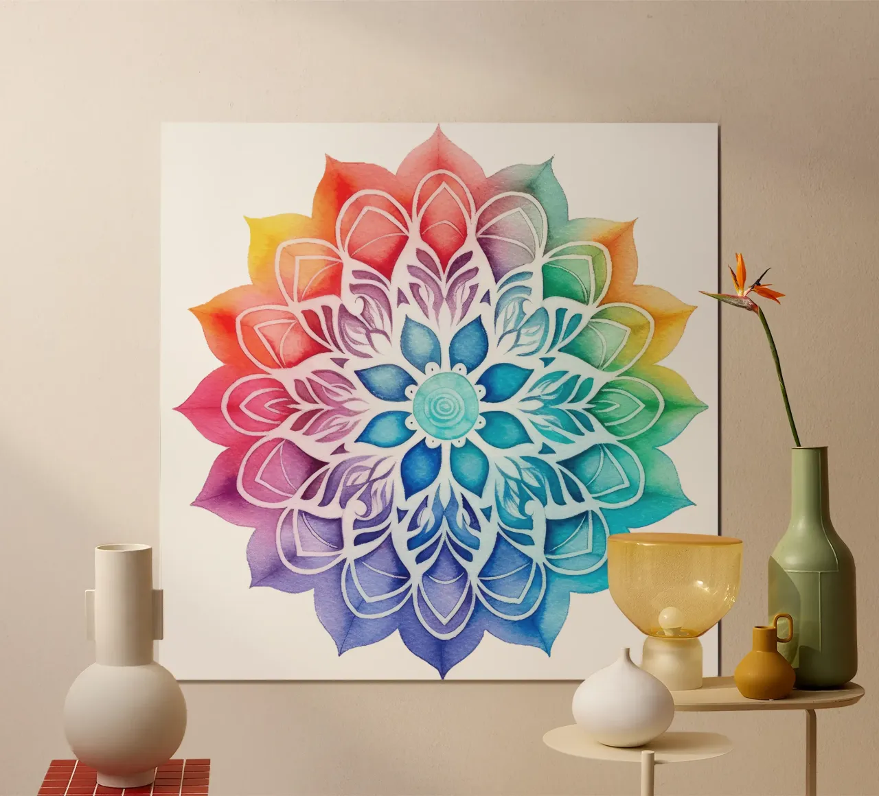 Mandala arcobaleno acquerellato poster con telaio in plastica da Spiritual Touch